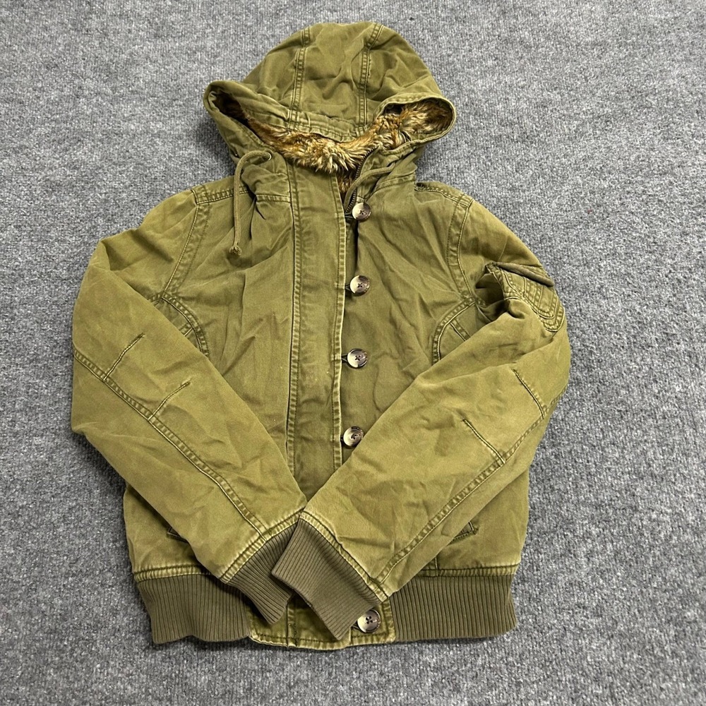 Old Navy Jacket Womens Size S Olive Green Faux Fur Hood Utility Parka Canvas